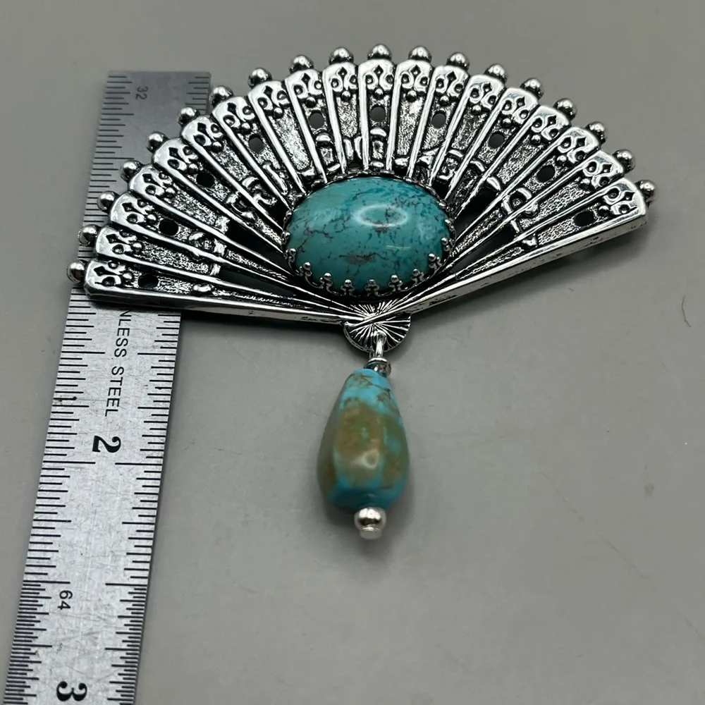 Vintage Turquoise and Silver Fan Pendant